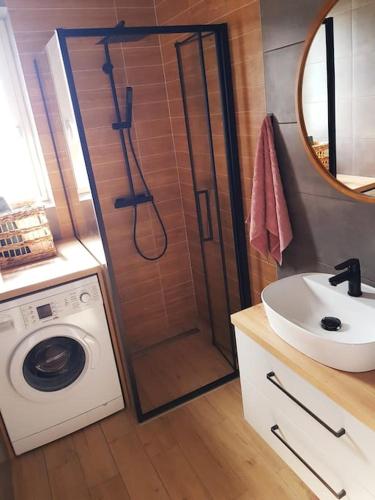 a bathroom with a shower and a sink and a washing machine at Spokojna Marina in Puck
