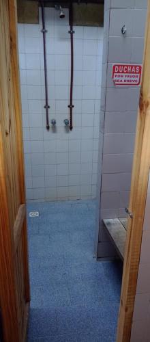 uma casa de banho com cabina de duche e piso azul em Complejo turístico Nahuel pan em Esquel