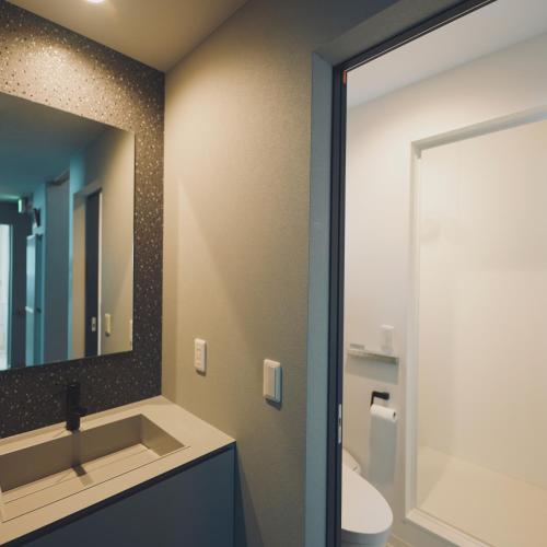 a bathroom with a sink and a mirror and a toilet at The Box House in Furano