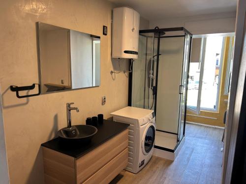 uma casa de banho com um lavatório e uma máquina de lavar roupa em APARTMENT GAL em Novo Mesto