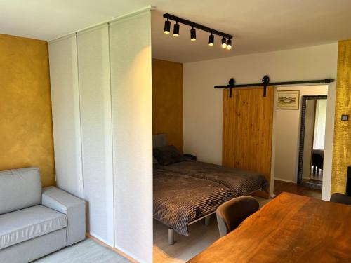 a bedroom with a bed and a table in a room at APARTMENT GAL in Novo Mesto
