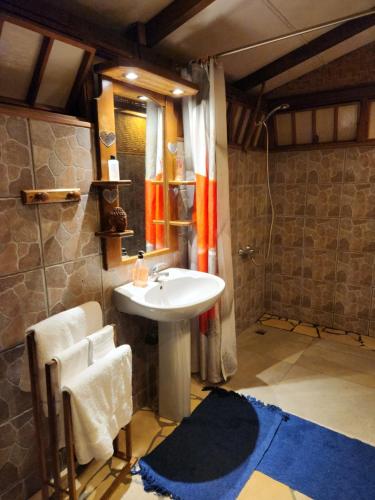 普納奧亞的住宿－Fare Cocoon，浴室配有白色水槽和淋浴。