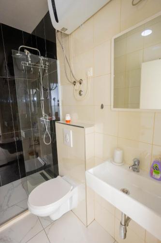 a bathroom with a shower and a toilet and a sink at Studio apartman Maris in Kastel Stari