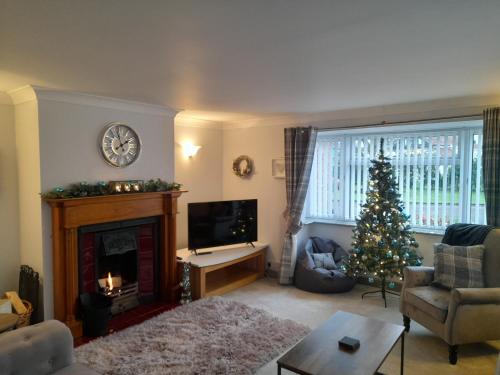 a living room with a christmas tree and a fireplace at 3 Brookside House in Pickering