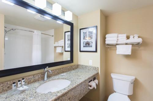 a bathroom with a sink and a toilet and a mirror at Country Inn & Suites by Radisson, Buffalo South I-90, NY in West Seneca