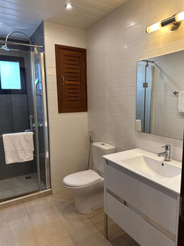 een badkamer met een toilet, een wastafel en een douche bij The Perfect Cozy Home For You in Dar es Salaam