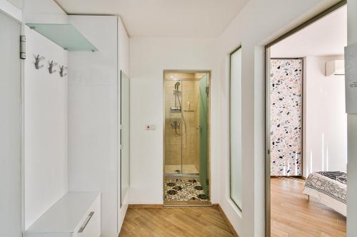 Baño con ducha a ras de suelo junto a una puerta en Central flat Wi-Fi & streaming, en Varna