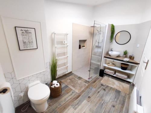 een witte badkamer met een toilet en een douche bij Sublime appartement hyper centre Hirson in Hirson