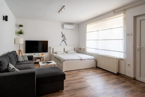 ein Wohnzimmer mit einem Sofa, einem Bett und einem Fenster in der Unterkunft Studio apartman Queen in Bjelovar