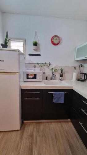 a kitchen with a sink and a microwave at Luxury peaceful, free parking with security room Mamad in Rechovot