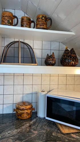 a kitchen with shelves with pots and a microwave at Naturnahe Familienwohnung in Rüschegg-Graben