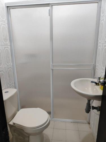 a bathroom with a shower and a toilet and a sink at Mami Yola in Valledupar