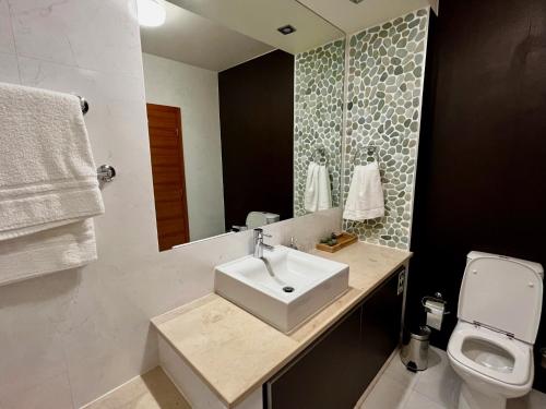 La salle de bains est pourvue d'un lavabo, de toilettes et d'un miroir. dans l'établissement E&M Apartment Luz, à Luz