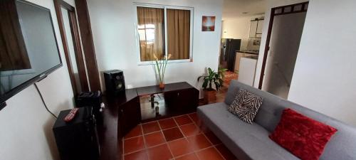 sala de estar con sofá gris y almohadas rojas en Apartamento amoblado nuevo en Guadalajara de Buga en Buga