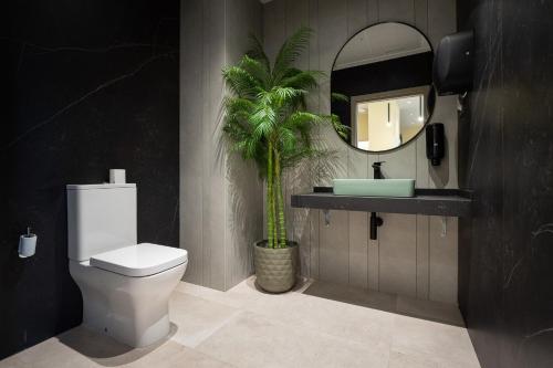 een badkamer met een toilet, een wastafel en een palmboom bij Hotel Aldama in Merida