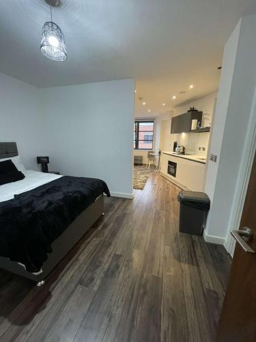 a bedroom with a large bed and a kitchen at One Bedroom Apartment/Studio in Birmingham