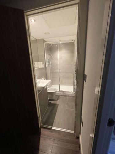a bathroom with a shower and a toilet and a sink at One Bedroom Apartment/Studio in Birmingham
