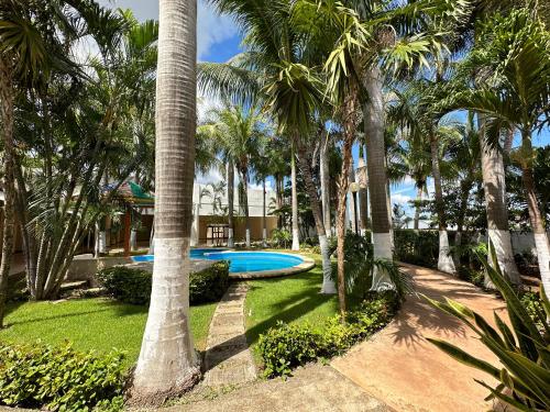 une cour avec une piscine et des palmiers dans l'établissement Hotel Barranquilla, à Campeche