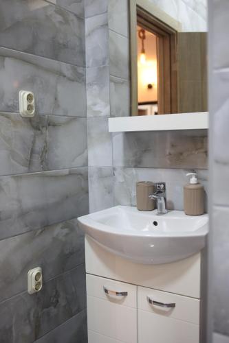 een badkamer met een wastafel en een spiegel bij Cavleski apartment in Prilep