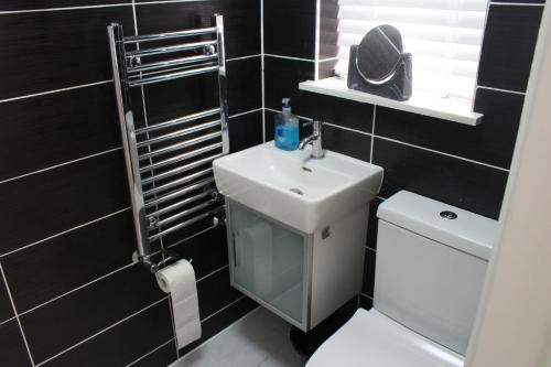a small bathroom with a sink and a toilet at Silk Hotel in Boston