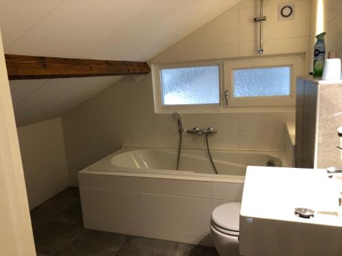 ein Badezimmer mit einer Badewanne, einem WC und einem Waschbecken in der Unterkunft Altynghe in Beilen