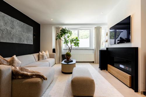 a living room with a couch and a fireplace at The Edgewater Suites - Park View in Namur