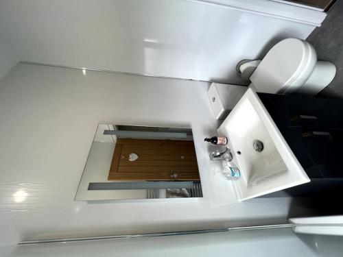 a bathroom with a sink and a mirror on the ceiling at The Myles' Self-Catering Cottage - 4 Stars in Greencastle