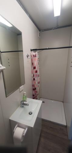 a white bathroom with a sink and a shower at Three Rivers Cabin in Yandina