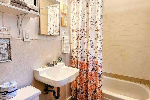 baño con lavabo y cortina de ducha en #08 - One Bedroom Lakeview Cottage-Pet Friendly en Hot Springs