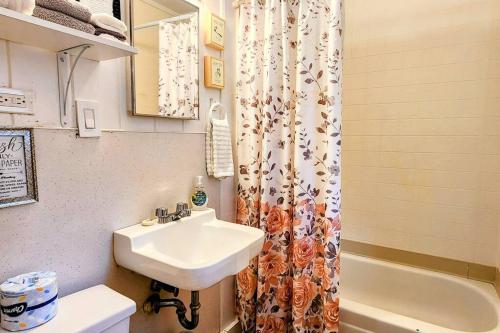 ein Badezimmer mit Waschbecken und Duschvorhang in der Unterkunft #08 - One Bedroom Lakeview Cottage-Pet Friendly in Hot Springs