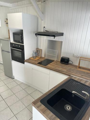 a kitchen with a sink and a stove top oven at L'améthyste in Saint-François