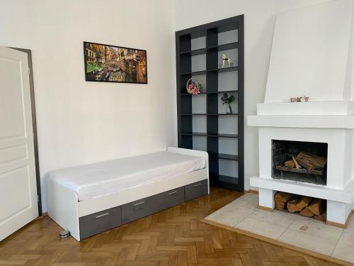 a white room with a bed and a fireplace at Top class apartments in Carlsbad Bulharska street in Karlovy Vary