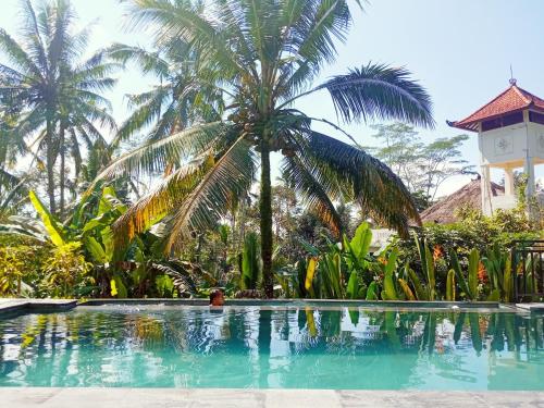 una persona sentada en una piscina junto a una palmera en Ubud nadi villa, en Tegalalang