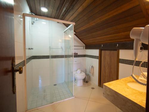a bathroom with a glass shower and a toilet at Pousada Suiça Mineira Centro in Monte Verde