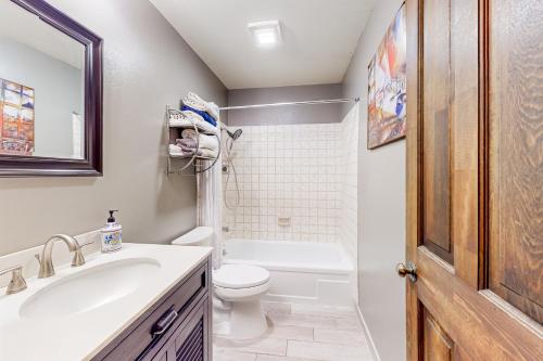 a bathroom with a sink and a toilet at Raspberry Retreat in Anchorage