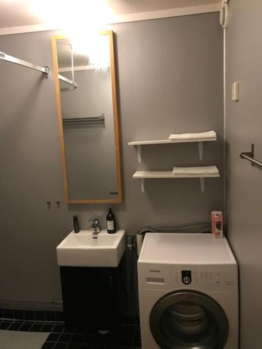a bathroom with a washing machine and a sink at Leilighet i Hamar sentrum in Hamar