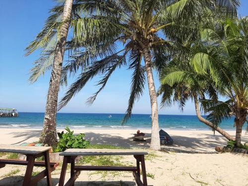 deux bancs sur une plage avec des palmiers et l'océan dans l'établissement Permai Chalet Tioman, à Kampong Juara