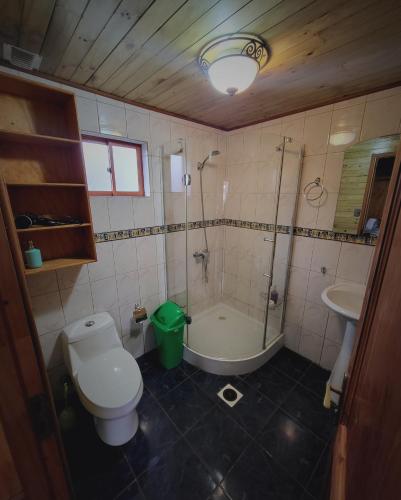 a bathroom with a toilet and a tub and a sink at Cabañas Christophe in Hanga Roa
