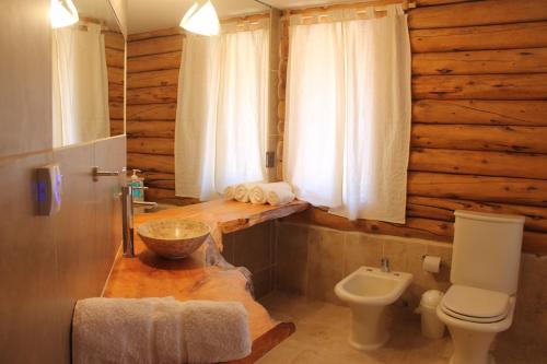 
a bathroom with a toilet a sink and a bathtub at Cabañas Los Renuevos in Malargüe
