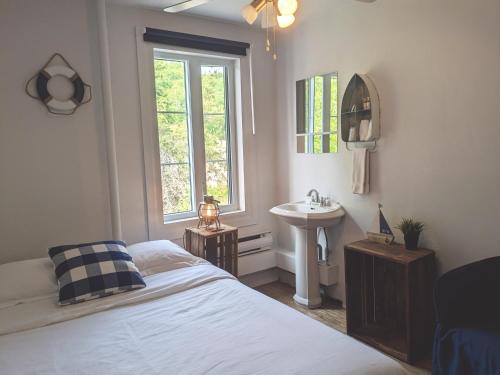 a bedroom with a bed and a sink at Auberge de la rive de Charlevoix - Auberge de jeunesse familiale pour voyageurs de tous âges in Saint-Joseph-de-la-Rive