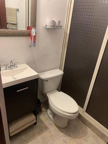 a bathroom with a toilet and a sink and a shower at Comfortable apartment 10 min BBVA Stadium - Wi-fi Parking SmartTV & AC in Monterrey