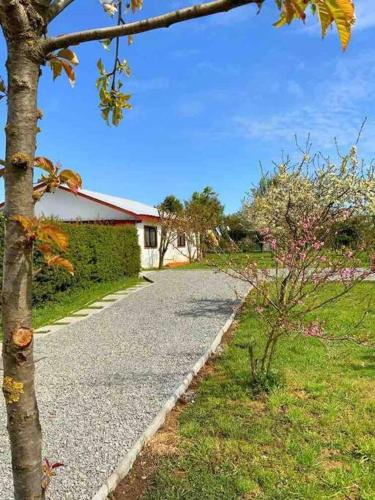 a gravel road with a house in the background at Linda y cómoda cabaña en un entorno natural in Los Ángeles