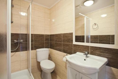 a bathroom with a toilet and a sink and a shower at Pokoje Gościnne Gazda in Polanica-Zdrój