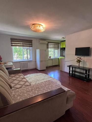 uma grande sala de estar com um sofá e uma televisão em Уютные апартаменты em Shymkent