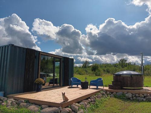 a dog sitting on a deck next to a tiny house at Wild Meadow in Sēja