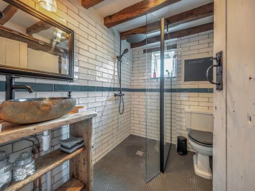 a bathroom with a sink and a toilet at Ynywsen Dairy Flat in Llanfynydd