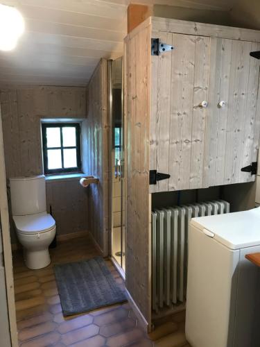 uma casa de banho com um WC, uma janela e um radiador em Gîte en pierre au cœur des chiens de traîneau em Mirmande