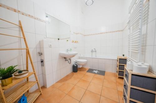 La salle de bains est pourvue de toilettes et d'un lavabo. dans l'établissement Blue Chili 02 - MD Zentral City Carré Wlan Netflix, à Magdebourg