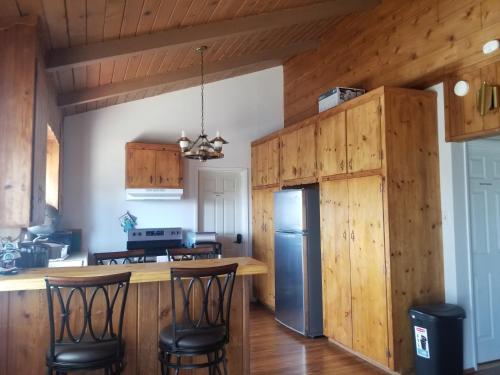 cocina con paredes de madera, nevera y sillas en 3BR Panoramic Lake View, Sequoia Forest, Kern County en Wofford Heights