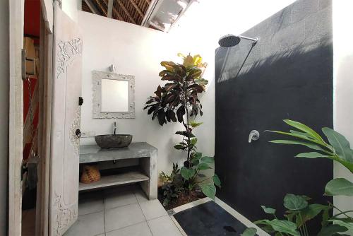 baño con lavabo, espejo y plantas en Villa Noa by Optimum Bali Villas, en Seminyak